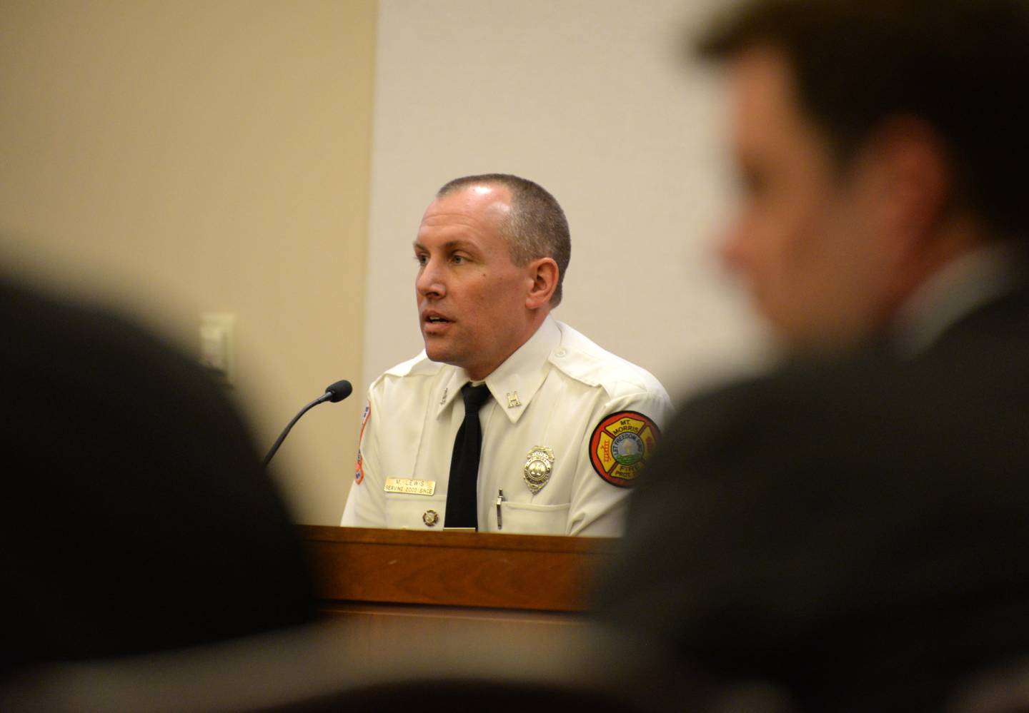 Mount Morris Fire Captain Mark Lewis testifies at the Matthew Plote trial at the Ogle County Judicial Center in Oregon on Tuesday, March 19, 2024.