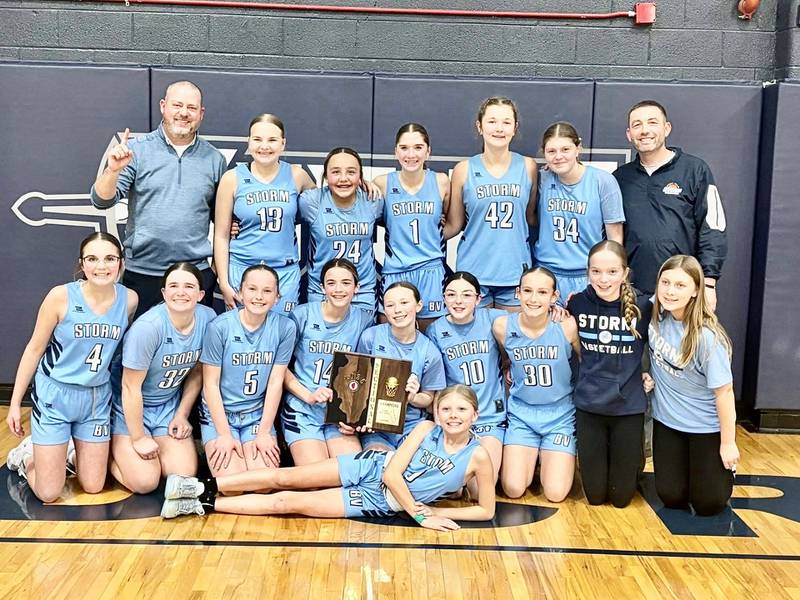 The Bureau Valley Storm captured the Class 2A Fieldcrest Sectional on Wednesday, defeating Seneca 35-22. The Storm (21-1) advance to the IESA Class 2A State quarterfinals  to face Riverdale Washington (19-1) at 1 p.m. Saturday at Riverton High School. Team members are Aleeyah Foster (laying down) and (front row, from left) Cali Pistole, Tinley Yepsen, Stevie Davis, Kinley Gruber, Kaylee Jamison, Shea Wunder, Sophia Thurston, Manager Khloe Cady and manager Maddie Dillbeck; and (back row) 7th grade coach Ryan Rosenthal, Kenzlie Wright, Mya Waites, Daelyn Benavidez, Kaurie Facemire, Ava Ferris and 8th grade coach Brent Jamison.