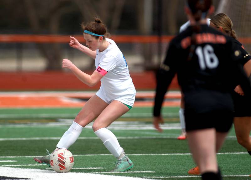 Burlington Central’s Annie Magan controls the ball during a game on Tuesday, April 1, 2025 against St. Charles East in St. Charles.