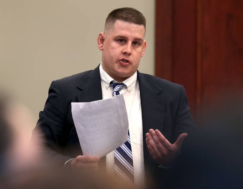 Former police officer James Corralejo addresses the family of Graciela Reza Contreras during a statement prior to his sentencing Thursday, July 17, 2025, at the DeKalb County Courthouse in Sycamore. Corralejo was sentenced to four years in prison for a Class 2 felony count of driving under the influence of alcohol causing death for a 2023 crash that killed Reza Contreras.