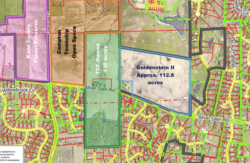 A map shows the location of the 113-acre Goldenstein East farm, recently acquired in Fall 2025 by Campton Township through a partnership with The Conservation Foundation.