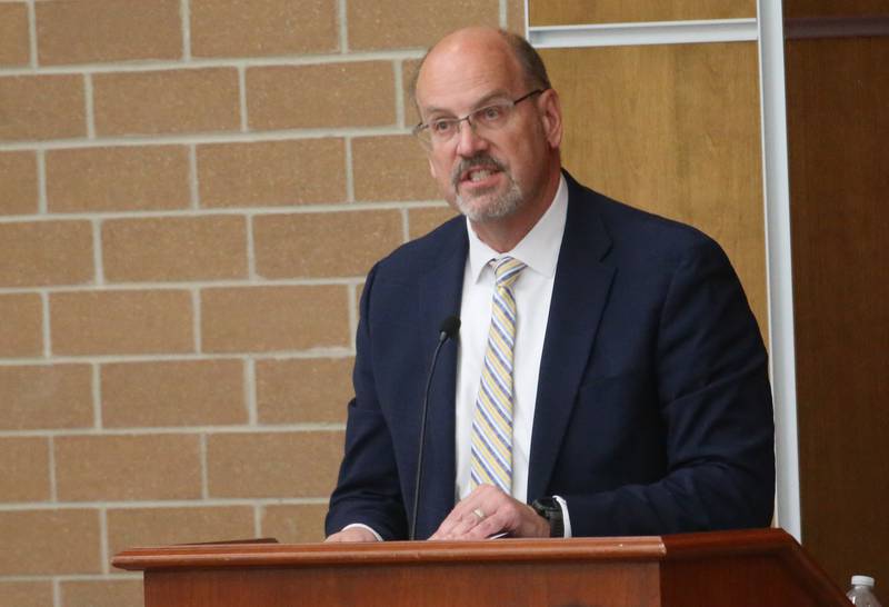 August Querciagrossa CEO of OSF Healthcare's West Region, speaks to the Illinois Health Facilities and Services Review Board during a public hearing regarding OSF St. Elizabeth Hospital's plans to reduce services on Tuesday, June 10, at Central Intermediate School in Ottawa.