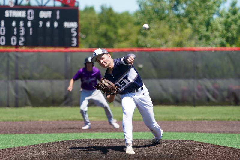 Oswego East's Will Bass (4) delivers a pitch against Downers Grove North during a 4A Bolingbrook Regional Championship baseball game at Bolingbrook High School on Saturday, May 25, 2024.