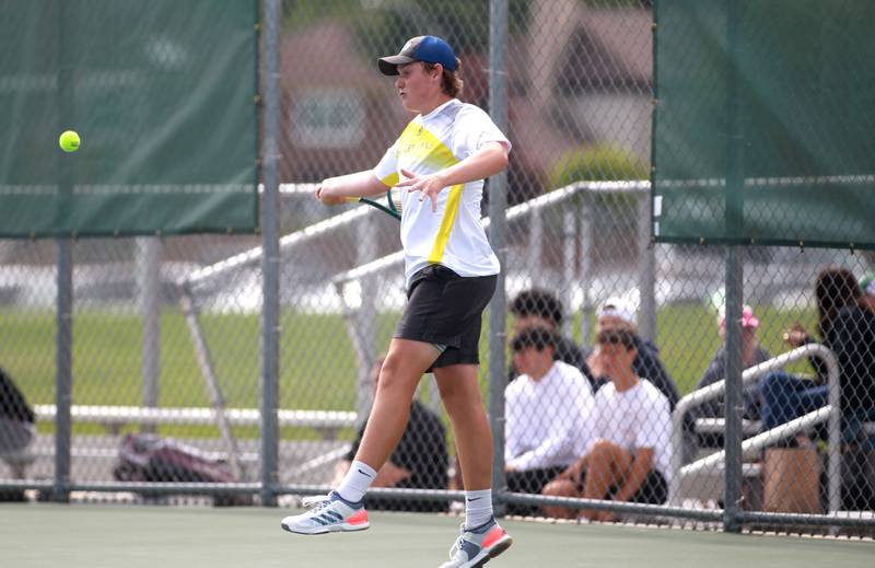 Jacobs’ Augie Nelson returns the ball during the first round of the 2A boys state tennis meet with doubles partner Jack Soto (not pictured) on Thursday, May 29. 2025 at Hersey High School.