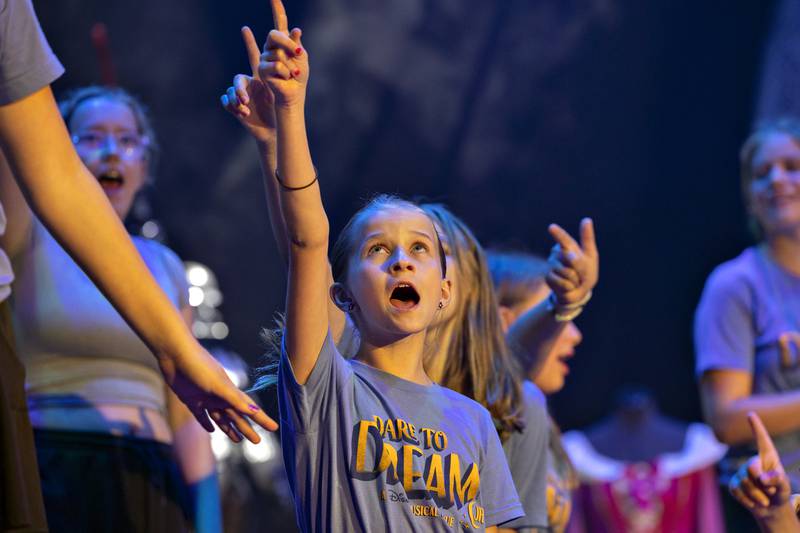Members of the Dixon Young Actors group rehearse Friday, August 22, 2025, for their performance of “Dare to Dream Jr.” The musical showcases many of the most popular songs featured in Disney movies.