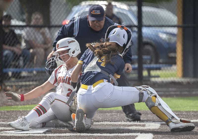 Lasalle-Peru’s Karmen Piano is tagged out at home against Sterling Tuesday, May 19, 2026, at the Class 3A softball regionals at Sterling.