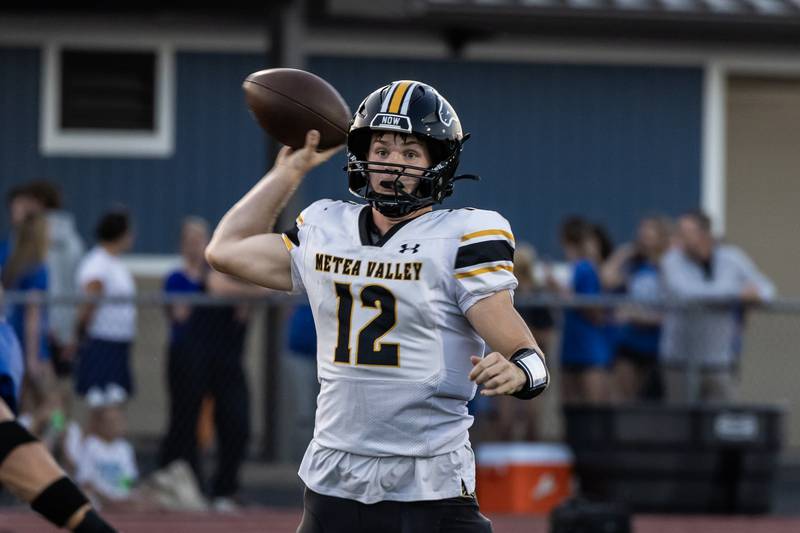 Metea Valley's Charles Larson looks to throw during a varsity football game against Lincoln-Way East at Lincoln-Way East on Oct. 30, 2025.