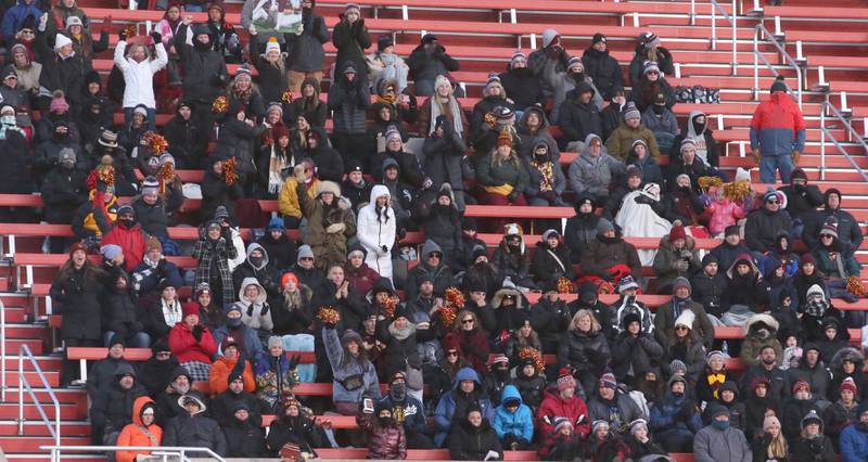Montini Catholic fans cheer on the Broncos as they play Monticello during the Class 3A State football championship on Friday, Nov. 29, 2024 at Hancock Stadium in Normal.