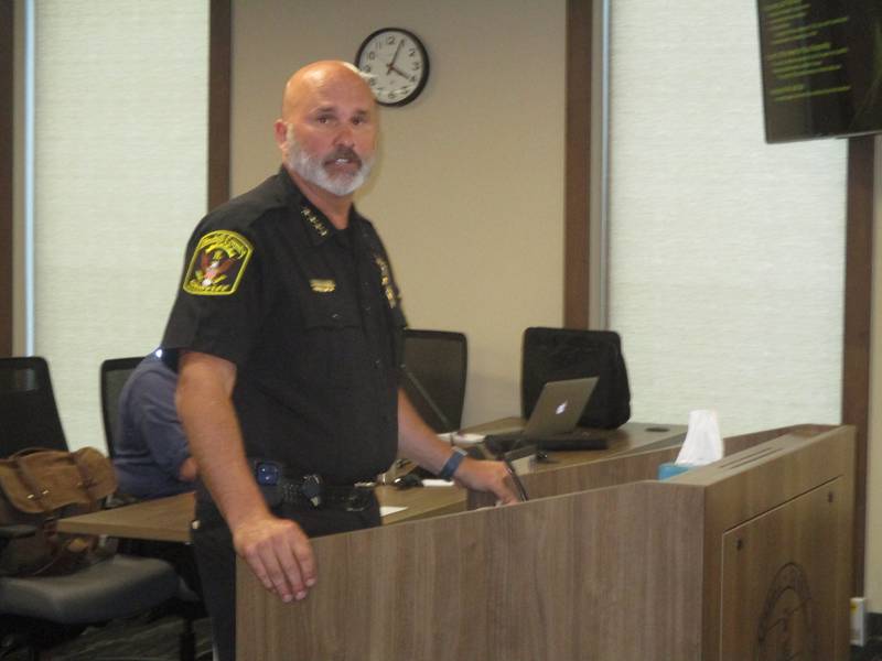 Kendall County Sheriff Dwight Baird outlines his plan for scaling back operations at the county jail during a meeting of the Kendall County Board on Aug. 11, 2022. (Mark Foster -- mfoster@shawmedia.com)