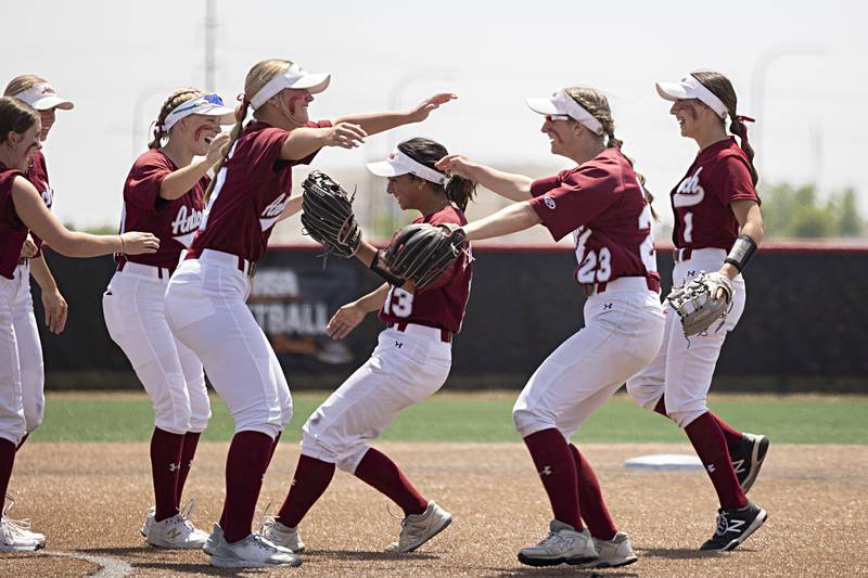 Antioch celebrates their 3-0 win over Chalrelston Friday, June 9, 2023 in the class 3A state softball semifinal.