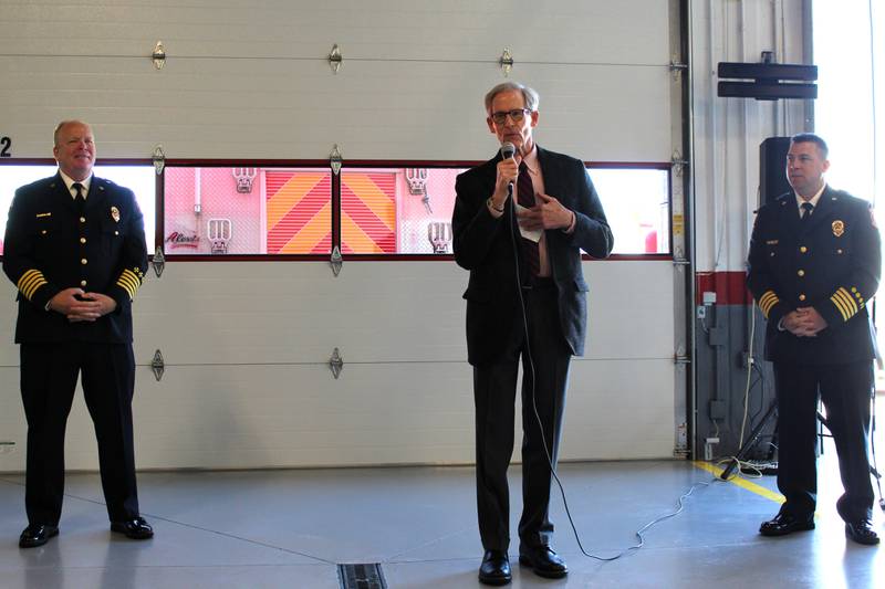 DeKalb City Manager Bill Nicklas (middle) thanks those who contributed to the construction of DeKalb Fire Station No. 4 at 1130 S. Malta Road at a grand opening event on Saturday, April 26, 2025.