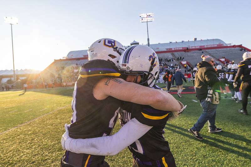 Chicago Christian's Jake Verstrate and Isaac Workman celebrate their win over Maroa-Forsyth Friday, Nov. 29, 2024, in the class 2A football state final.