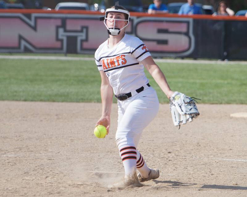 St. Charles East's Makayla Van Dinther delivers a pitch against St. Charles North on Wednesday May 14,2025 in St. Charles.