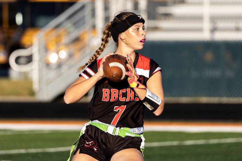 Bradley-Bourbonnais's Elise Munsterman looks for an open teammate during a varsity flag football Romeoville Regional semifinal game against Plainfield Central at Romeoville on Oct. 7, 2025.