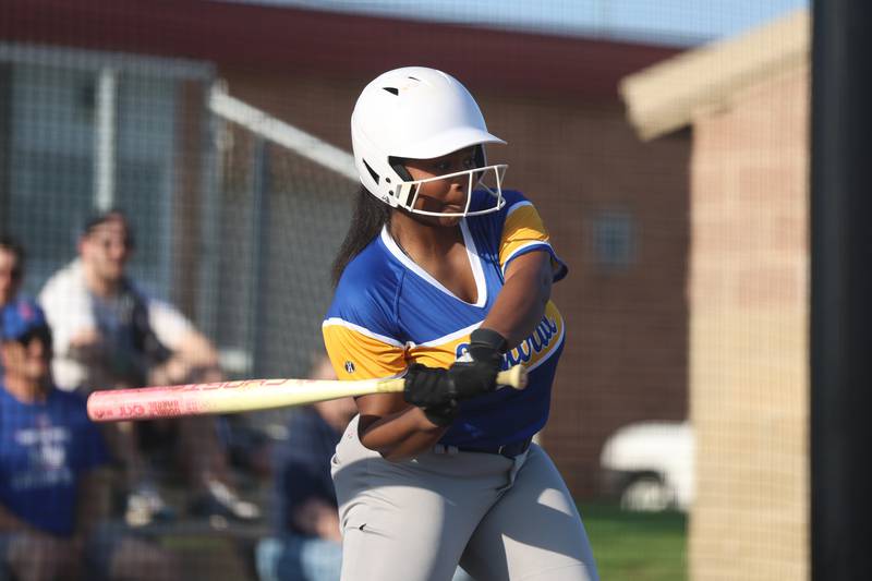 Joliet Central’s Jordan Poke locks in for a double against Joliet West on Wednesday, April 22, 2026 in Joliet.