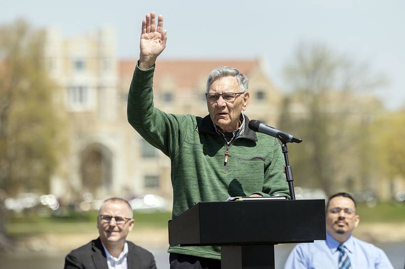 Riverfront committee member Larry Reed thanks all who helped shape the area since the committee started with Heritage Crossing in 2009 during the groundbreaking for Viaduct Point Thursday, April 27, 2023.