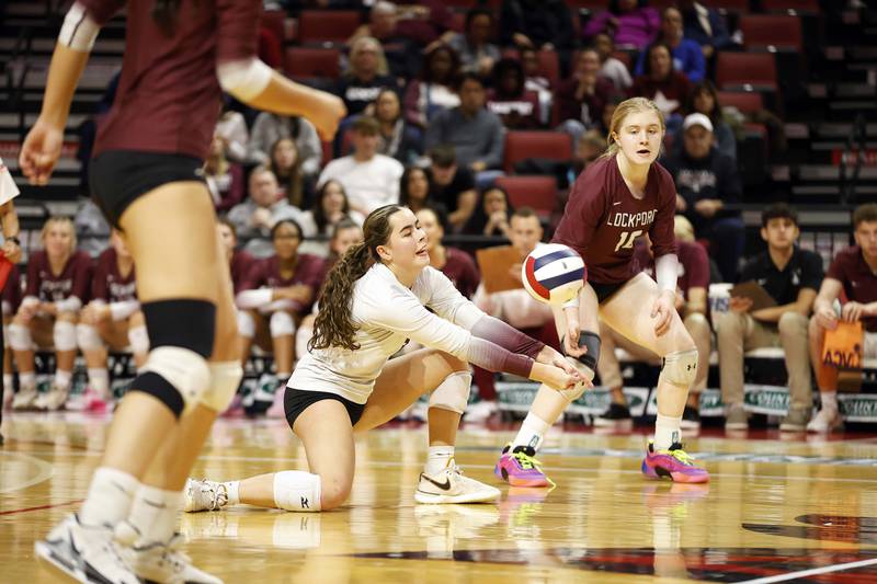 Lockport's Sadie Denk (3) with a save during the IHSA Class 4A girls volleyball third place match Saturday, Nov. 16, 2024 at CEFCU Arena in Normal.