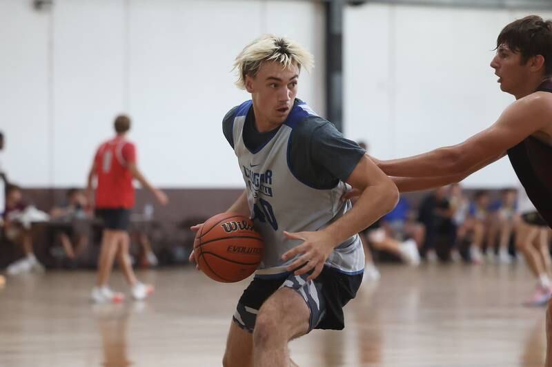 Eastland’s Zyacn Haverland looks to make a play against Tolono at the 37th Morris Boys Shootout on Tuesday, June 25, 2024.