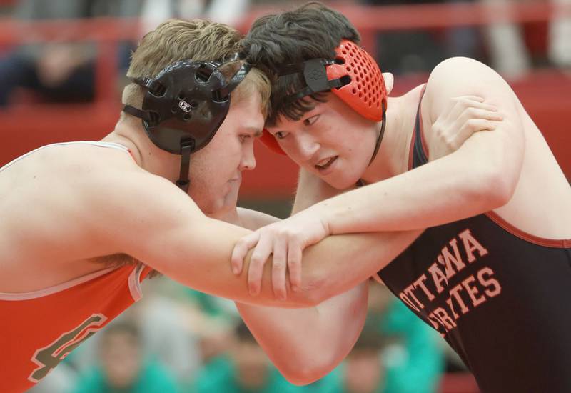 L-P's Endrew Sell, wrestles Ottawa's Vaughn Andersonduring a meet on Thursday Jan. 8, 2026 in Kingman Gymnasium at Ottawa High School.