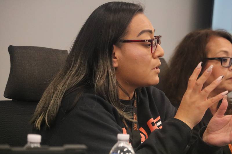 Board President Deyci Ramirez speaks at the Nov. 14, 2023 meeting of the DeKalb School District 428 School Board.