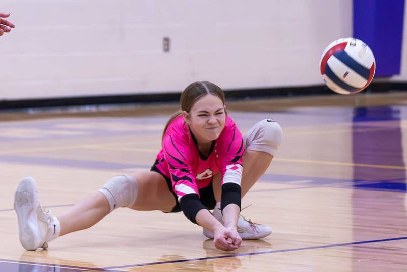 Serena High School's Trinity Weber goes for a dig during the Little Ten Conference Volleyball Tournament Championship on Saturday, Oct. 11, 2025 at Serena High School.