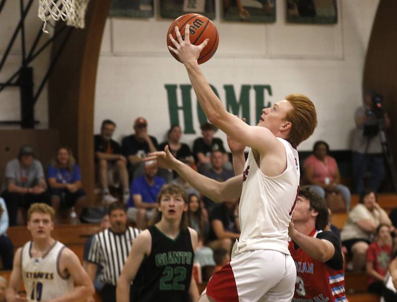 Dundee-Crown’s Zach Randl  drives to the basket during the boy’s game of McHenry County Area All-Star Basketball Extravaganza on Sunday, April 14, 2024, at Alden-Hebron’s Tigard Gymnasium in Hebron.