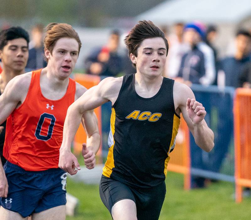 Aurora Central Catholic’s Patrick Hilby competes in the 800 meter run during the Roger Wilcox Track and Field Invitational at Oswego High School on Friday, April 29, 2022.