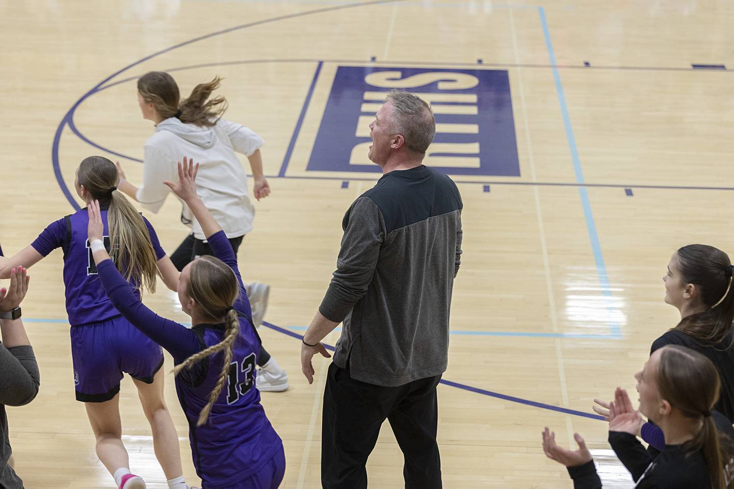 Dixon’s Luke Ravlin watches as time expires in the Duchesses win over Boylan Friday, Feb. 16, 2024 at the class 3A Rochelle girls basketball regional final.