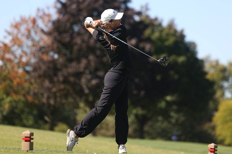 Kaneland’s Katharine Marshall tees off at the Hinsdale South Girls Class 2A Golf Sectional at Village Greens of Woodridge. Monday, Oct. 3, 2022, in Darien.
