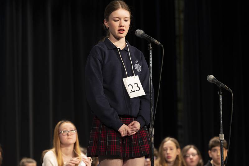 Dixon St. Mary’s Madison Storey competes Thursday, Feb. 21, 2024 at the Lee-Ogle-Whiteside regional spelling bee. Storey missed on the word “turducken” in round six.