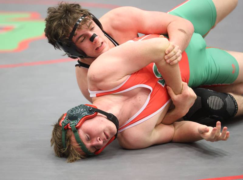 L-P's Beau Lawrence wrestles Kaneland's Appolo Gochias during a meet on Thursday, Jan. 22, 2026 in Sellett Gymnasium at L-P High School.