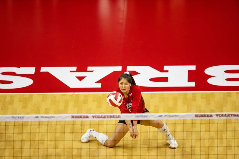 Nebraska libero Lexi Rodriguez digs the ball during a match against Michigan State at the Devaney Center in Lincoln, Nebraska.