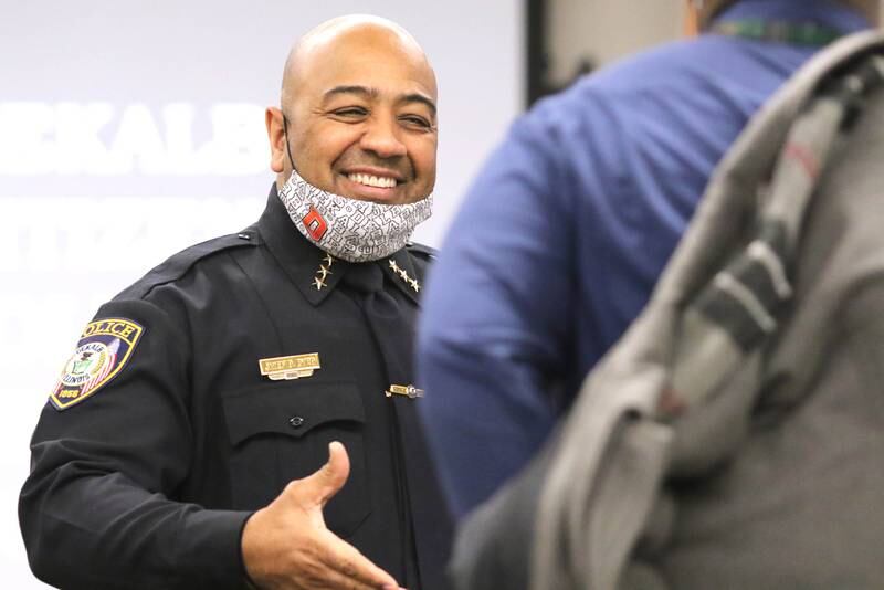DeKalb Police Chief David Byrd greets DeKalb Citizens Police Review Board member Maurice McDavid, former Dean of Students at DeKalb High School, before the start of the first meeting of the board Thursday, Feb. 3, 2022, at the DeKalb Police Department.