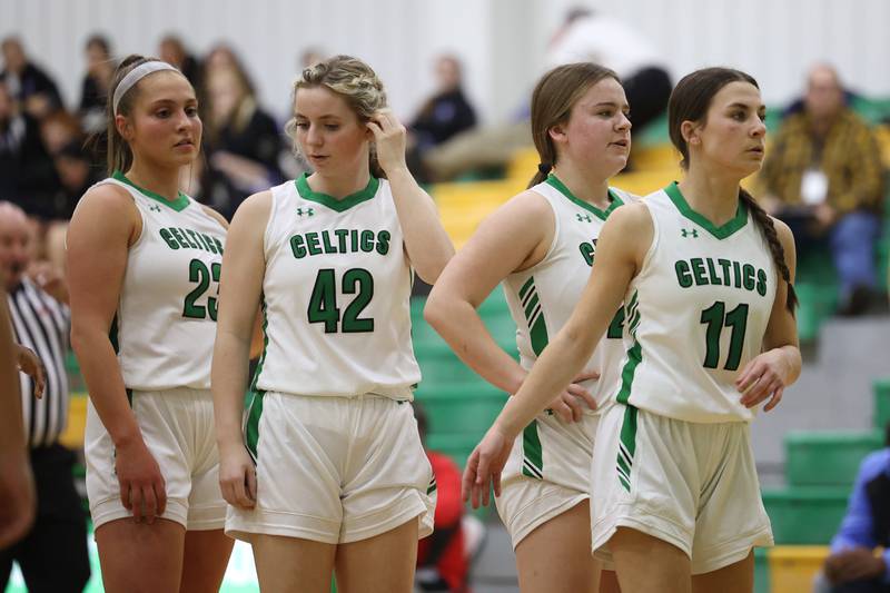 Providence’s Annalise Pietrzyk (left), Madison Swanson, Gabi Bednar and Elaina Utz line up for the inbound pass against IMSA in the Class 3A Providence Regional Semifinal on Tuesday, February 14th.