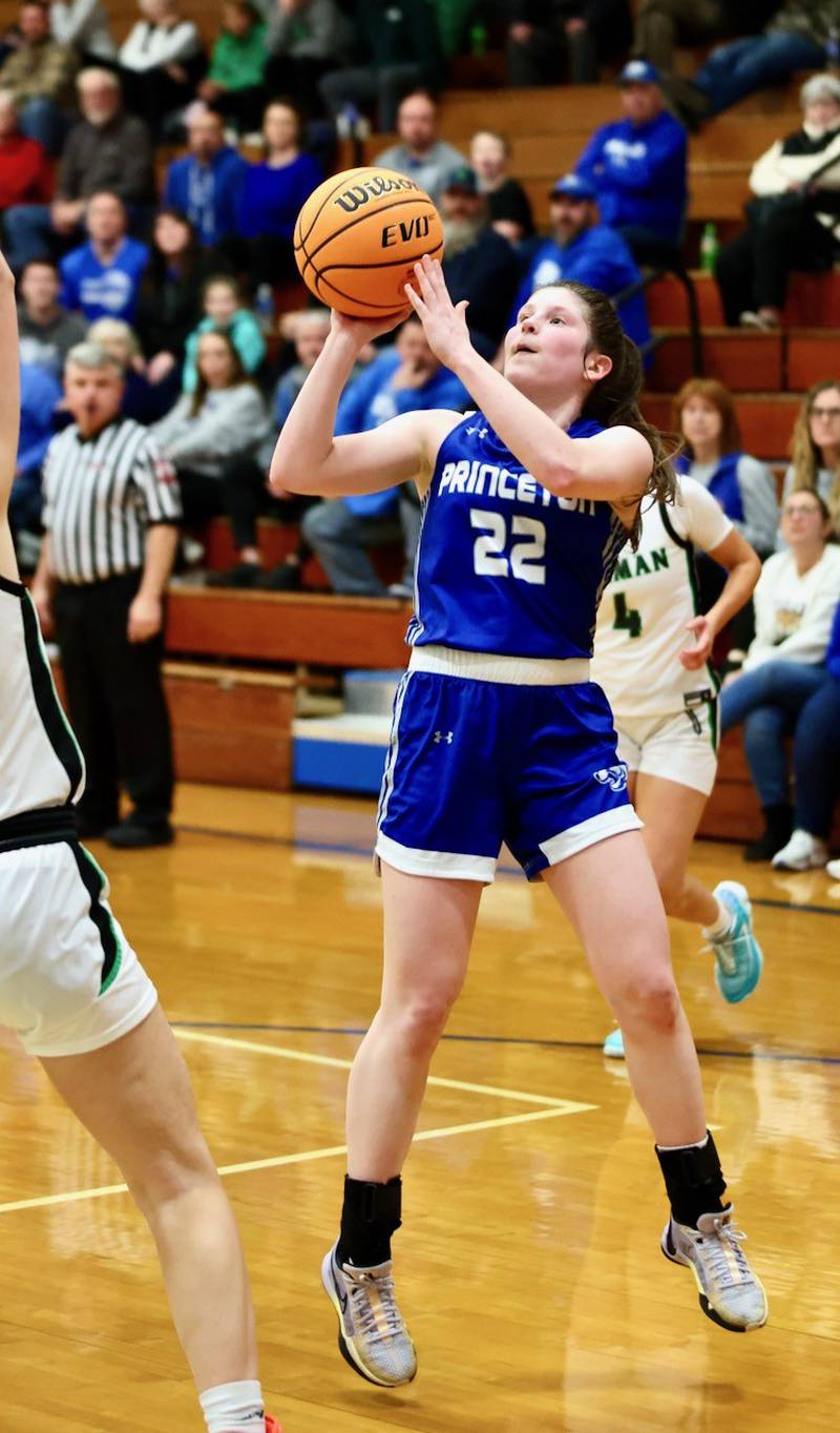 Princeton's Camryn Driscoll shoots against Alleman in Thursday's regional championship game at Prouty Gym. The Pioneers won 40-27.