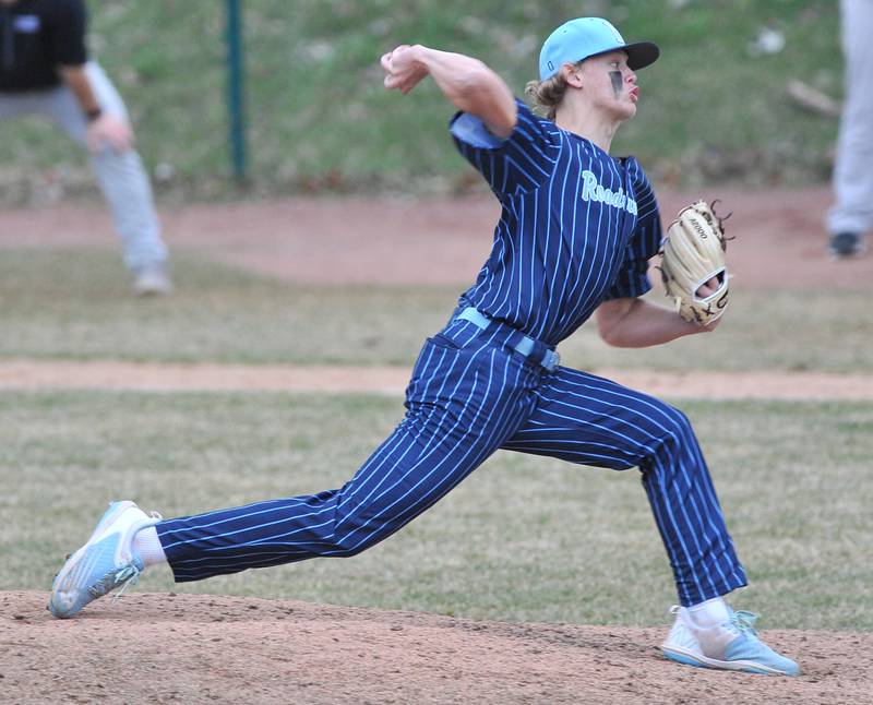 Nazareth relief pitcher Cooper Malamazian works the late innings against Benet Academy during a game on Apr. 12, 2022 at Nazareth Academy in LaGrange Park.