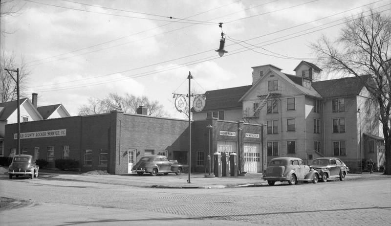DeKalb County Locker Service at 508 Pine Street, a butcher and meat locker boasting several DeKalb County locations, at the intersection of 5th and Pine streets in Dekalb in March 1948.