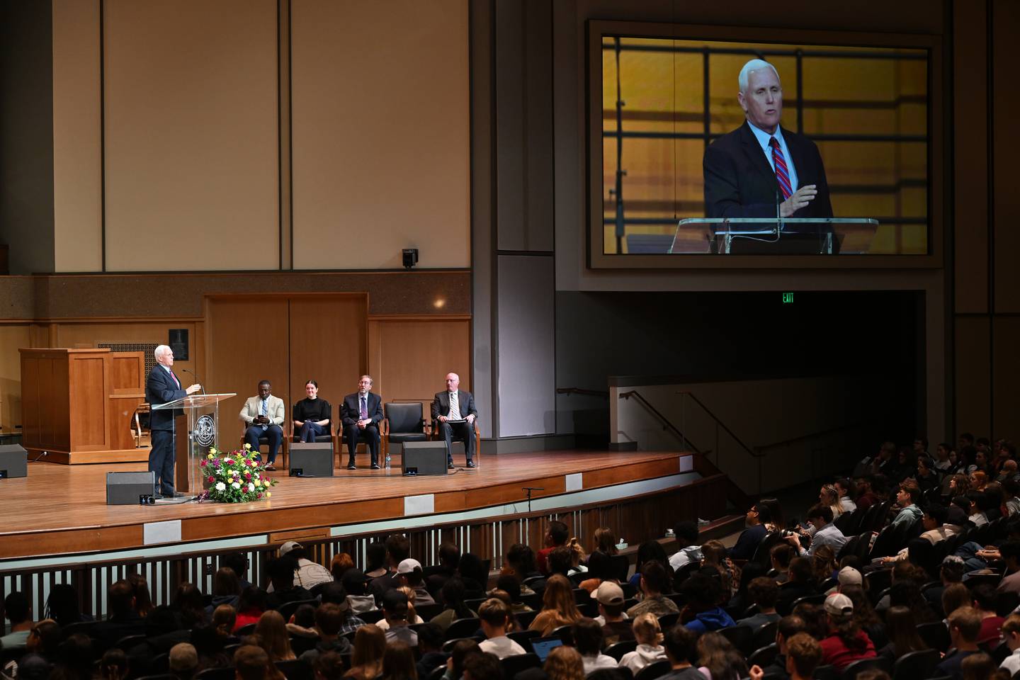 Former U.S. Vice President Mike Pence speaks at Olivet Nazarene University's chapel service in Hawkins Centennial Chapel in Bourbonnais on Thursday, March 13, 2025.