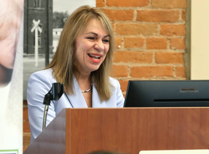 Ruth Kedzior, DeKalb County administrator, speaks Wednesday, May 6, 2026, during the State of the Community Address hosted by the Sycamore Chamber of Commerce in the DeKalb County Community Foundation Freight Room.