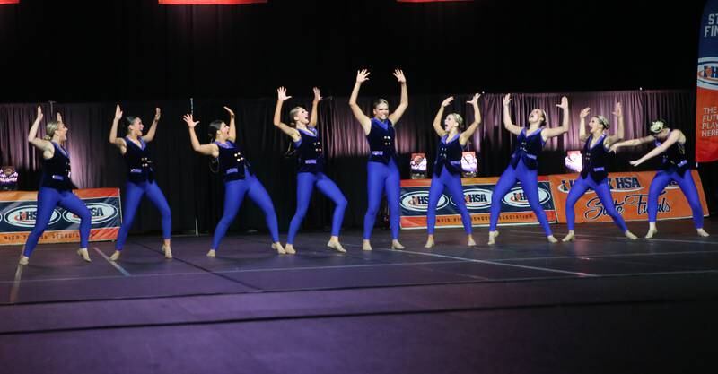 Members of the Joliet Catholic Academy dance team perform during the IHSA State Dance finals on Saturday, Feb. 1, 2025 at Grossingers Motor Arena in Bloomington.