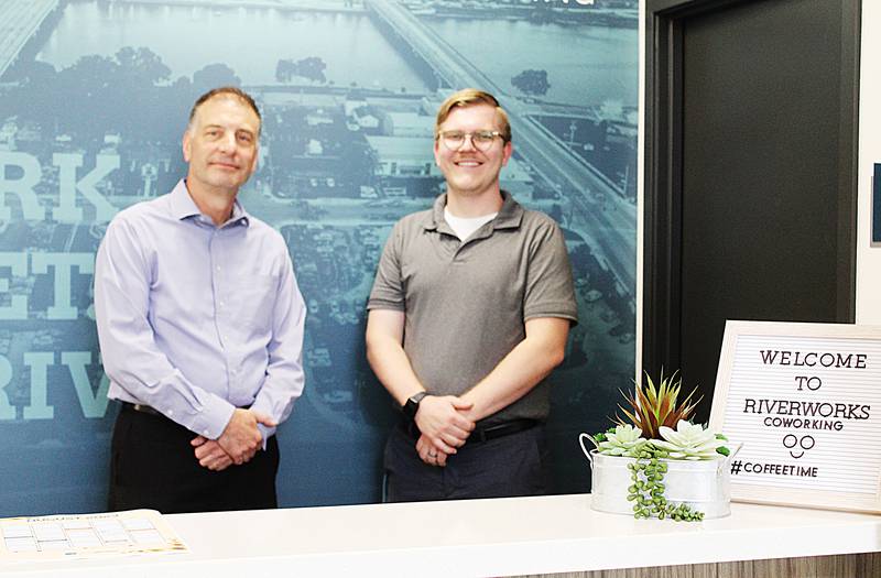 Lance Schaefer (left) and Chance Munroe operate RiverWorks Coworking, a place where businesses and individuals can rent office space or even something as small as a desk and chair to get work done in a professional setting.