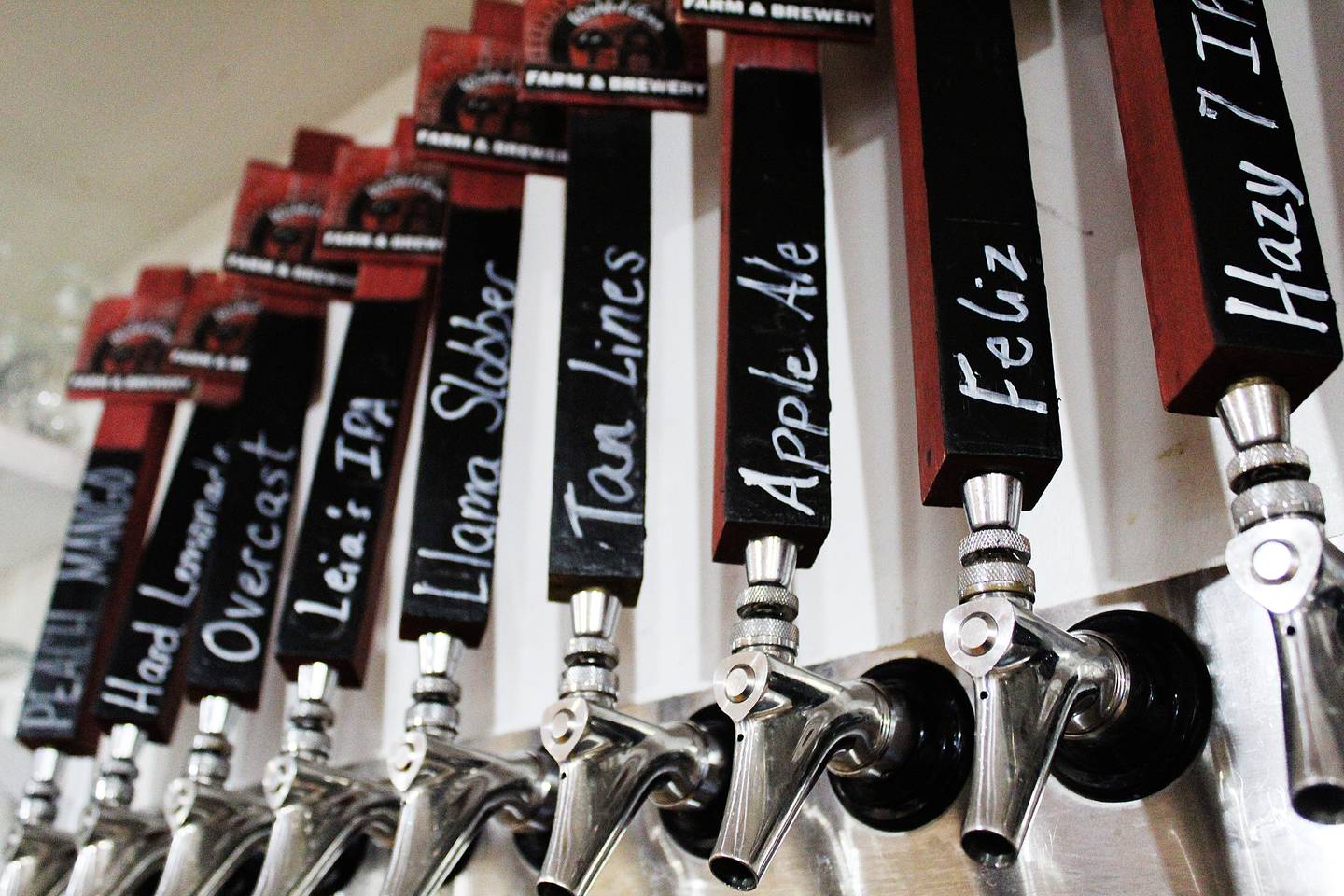 Taps are labeled with the kinds of beer available at Wishful Acres in Lena, rotating every so often.