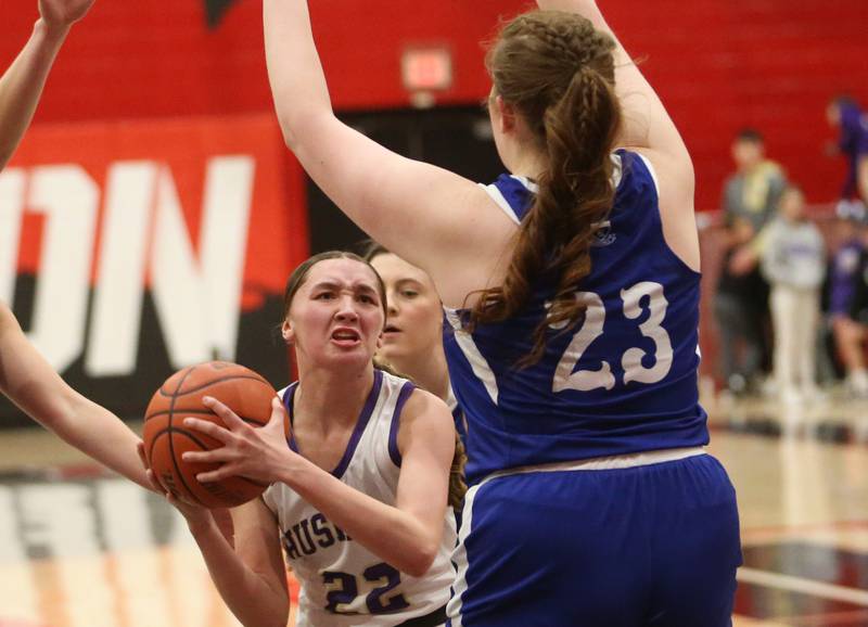 Serena's Finley Jobst looks to get around Hinckley-Big Rock's Sami Carlino during the Little Ten Conference championship game on Friday, Jan. 24, 2025 at Earlville High School.