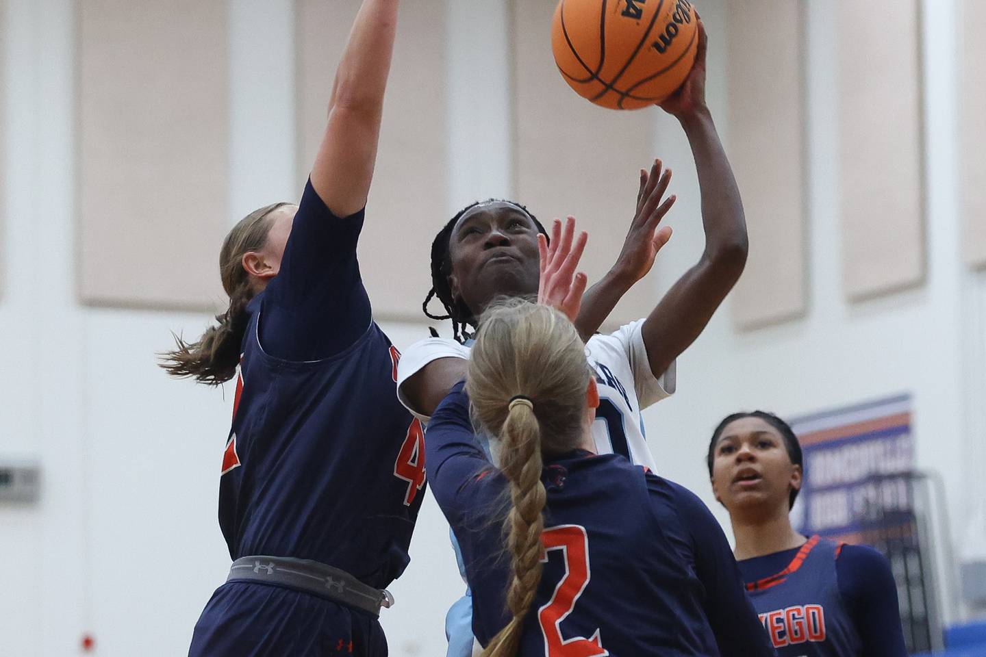 Plainfield South’s Layla Lesure puts up a shot against Oswego on Friday, Jan 17, 2025 in Plainfield.
