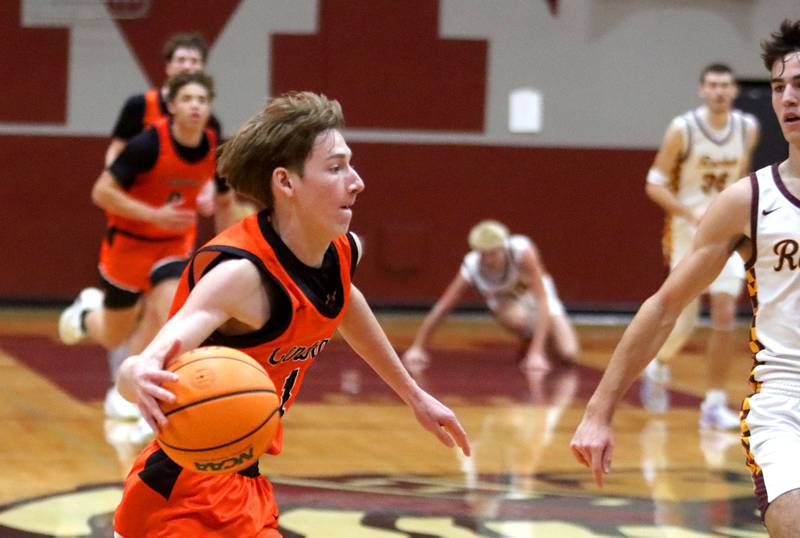 Crystal Lake Central’s Sonny Shanahan moves the ball in varsity boys basketball E.C. Nichols tournament championship game action on Saturday, Dec. 27, 2025, at Homer “Bill” Barry Gymnasium on the campus of Marengo High School in Marengo.