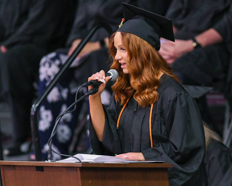 DeKalb High School senior class president Elise Dooley gives her farewell speech during the Class of 2023 Commencement at Northern Illinois University's Convocation Center, 1525 W. Lincoln Highway in DeKalb Saturday, May 27, 2023.