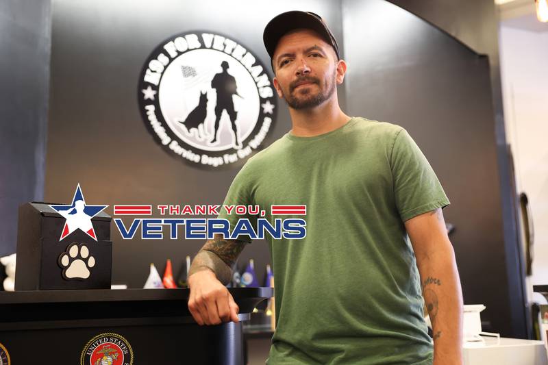 Samson Garcia, a disabled Army veteran, owner of Samson Wood Services, poses for a photo at K9s For Veterans Outlet Store where he sells some of his work in Bolingbrook, Thursday, July 25, 2024.