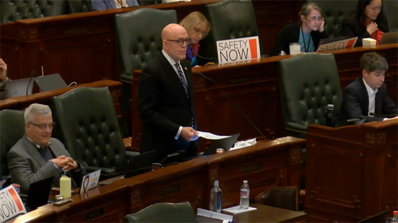 House Majority Leader Greg Harris speaks on the House floor Saturday morning before lawmakers approved the state's Fiscal Year 2023 operating budget after 5 a.m