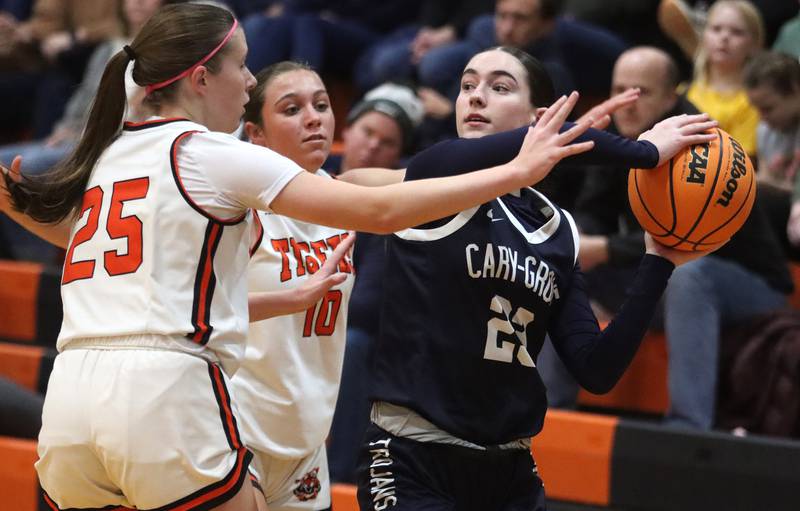 Cary-Grove’s Avery Hoffman looks for an option against  Crystal Lake Central in varsity girls basketball on Tuesday, Jan. 7, 2025, at Crystal Lake Central High School in Crystal Lake.