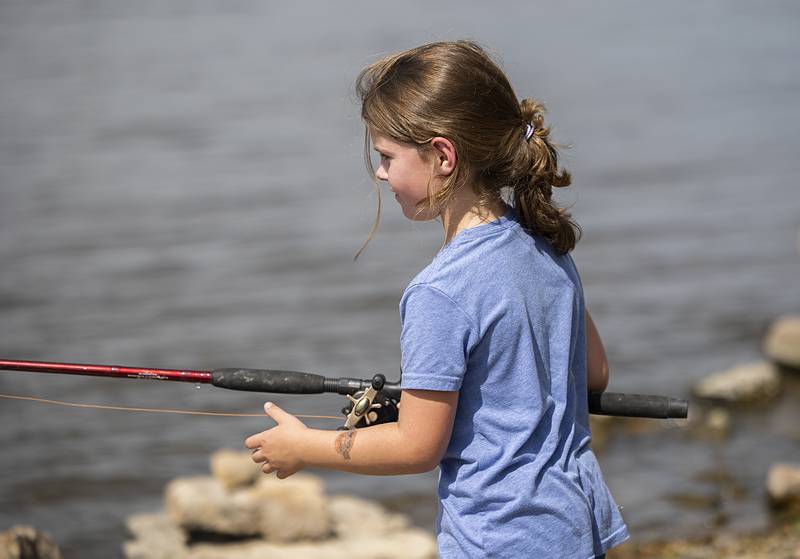 Gabby Staats, 7, casts off Tuesday, July 2, 2024 at Seward’s Park in Rock Falls.